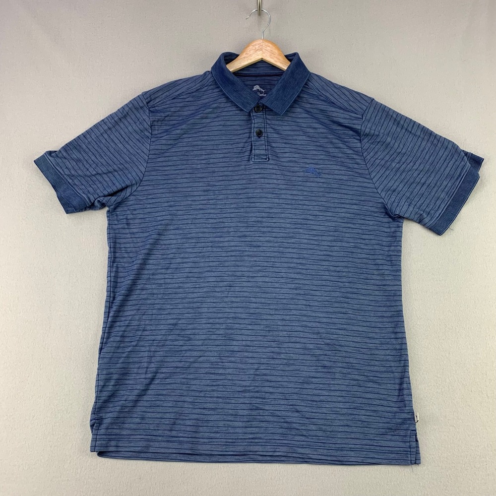 Tommy Bahama Polo Shirt Mens L Blue Striped Short Sleeve‎ Cotton Blend Casual